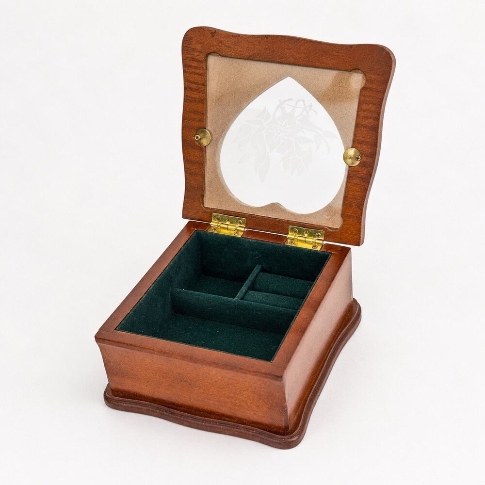 Vintage Dark Wood Jewelry Box with heart shaped glass panel
